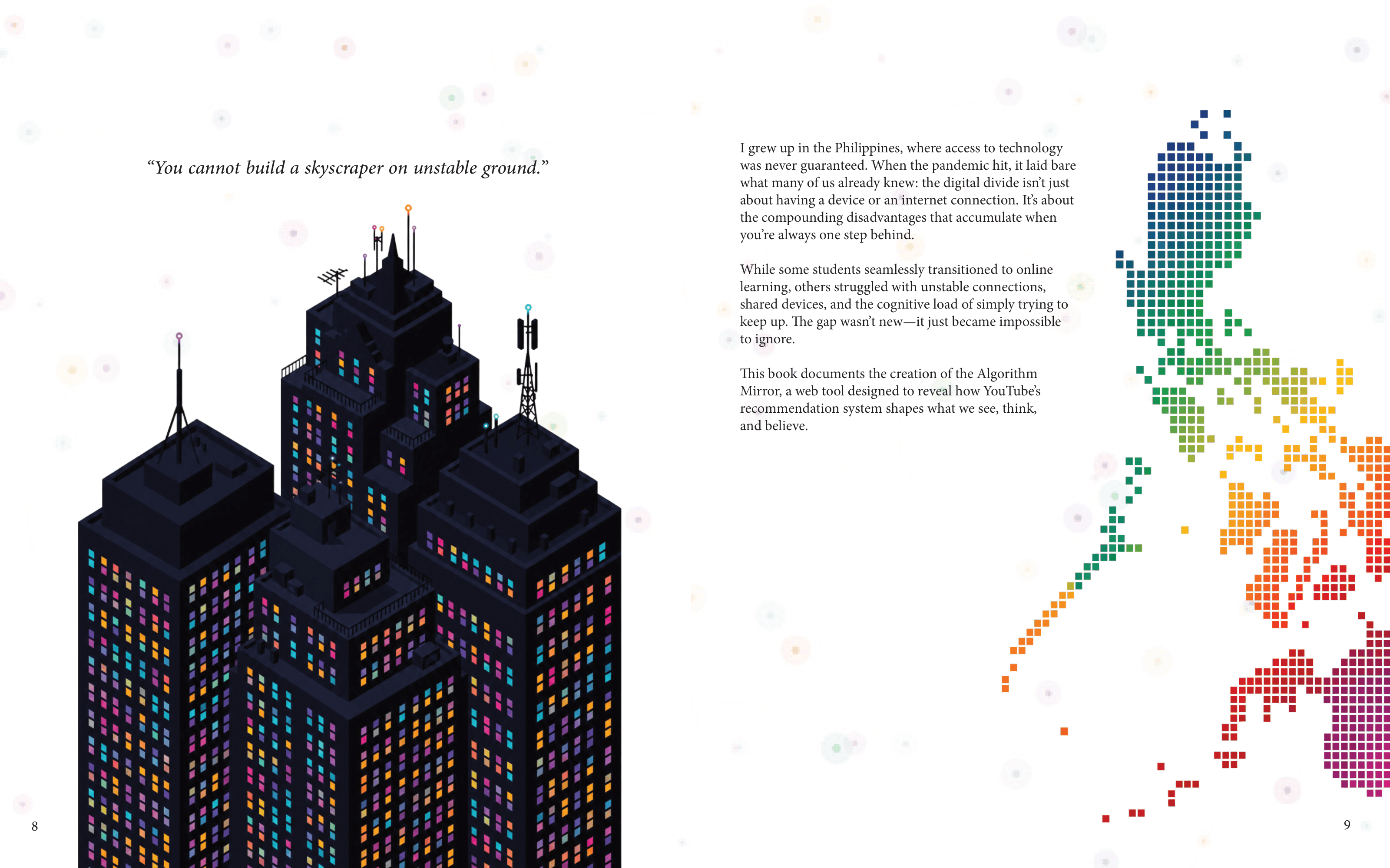 Skyscraper and Philippines pixel map spread
